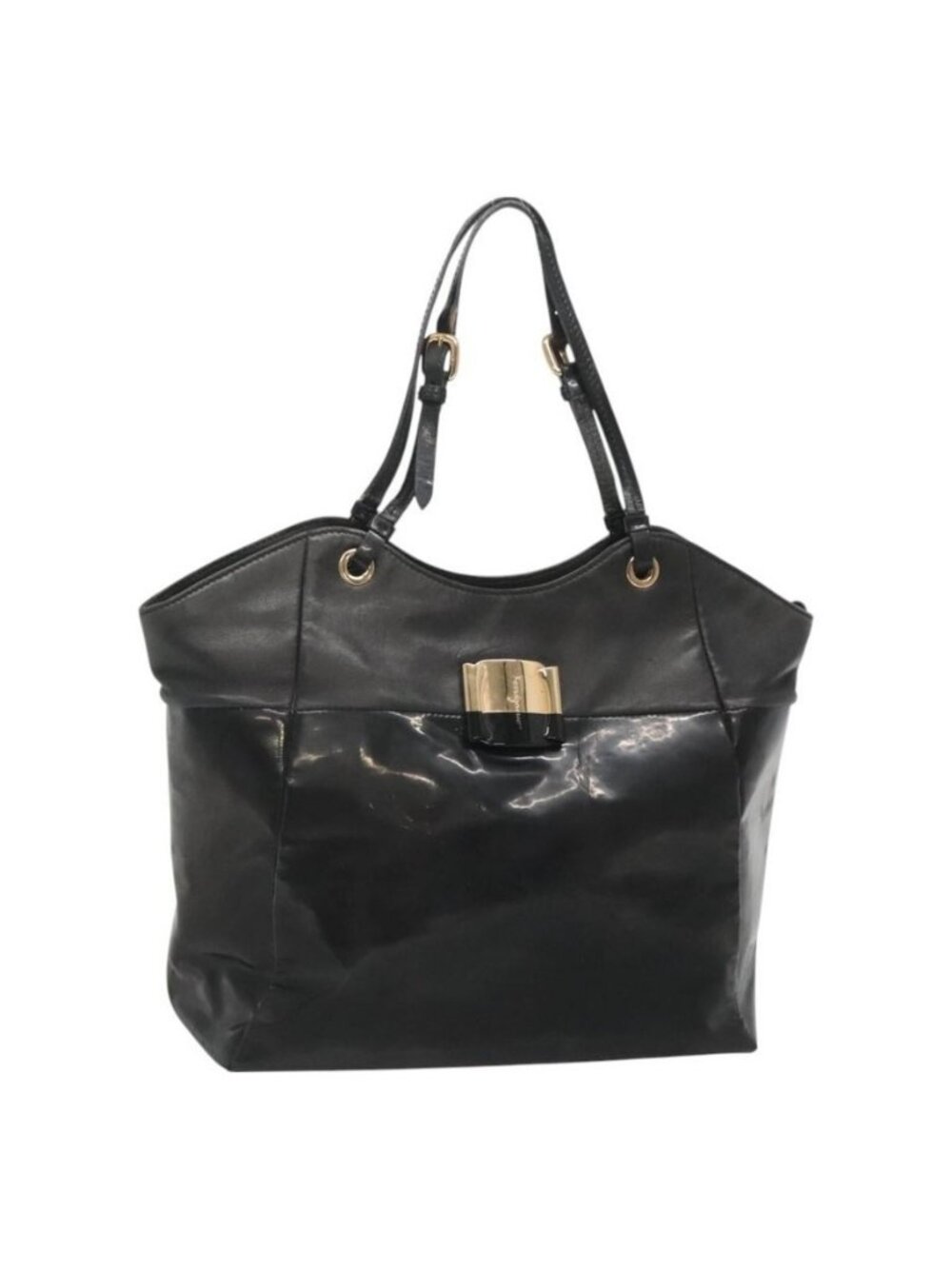 Authentic Salvatore Ferragamo Vera Shoulder Bag Enamel Black Gold